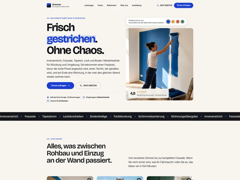 Startseite der Beispielseite für den Malermeister Brenner in Würzburg