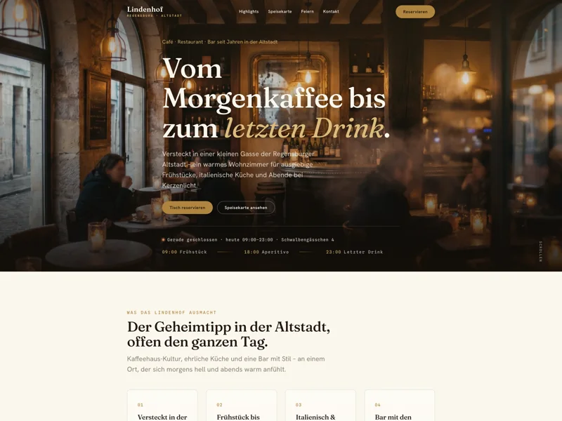 Startseite der Beispielseite für das Café Lindenhof in Regensburg